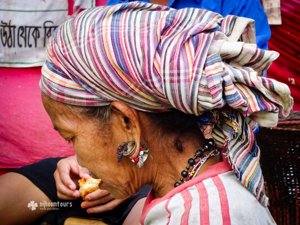 Elaborate ear decorations of a tribal lady in Bandarban