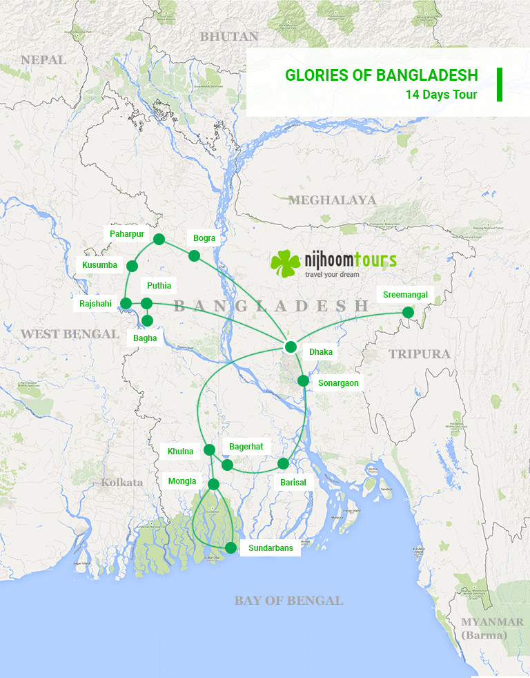 A map of 18 days Glories of Bangladesh Tour with Nijhoom Tours to visit the the most glorious sights and attractions