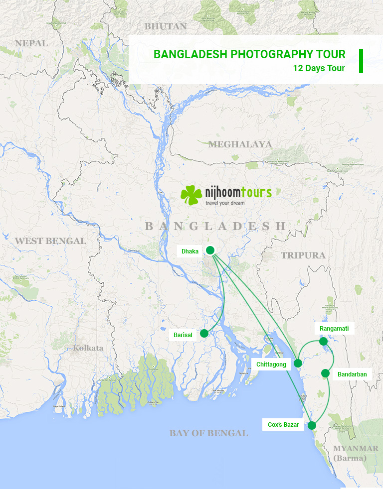 A map of 12-day Bangladesh Photography Tour with Nijhoom Tours