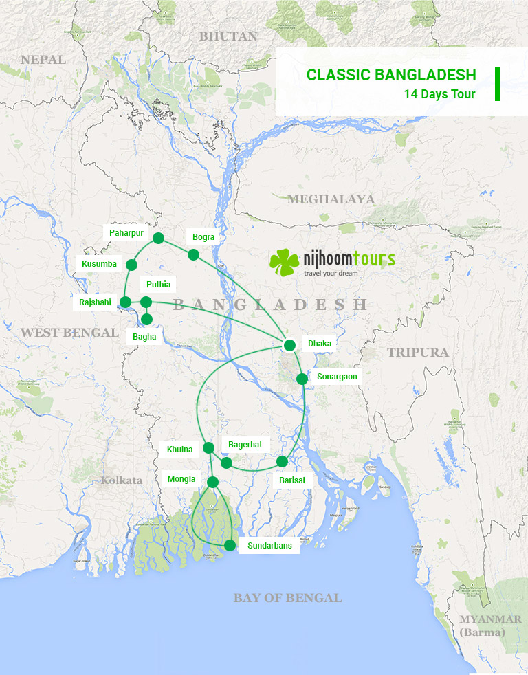 A map of 12-day Classic Bangladesh Tour with Nijhoom Tours