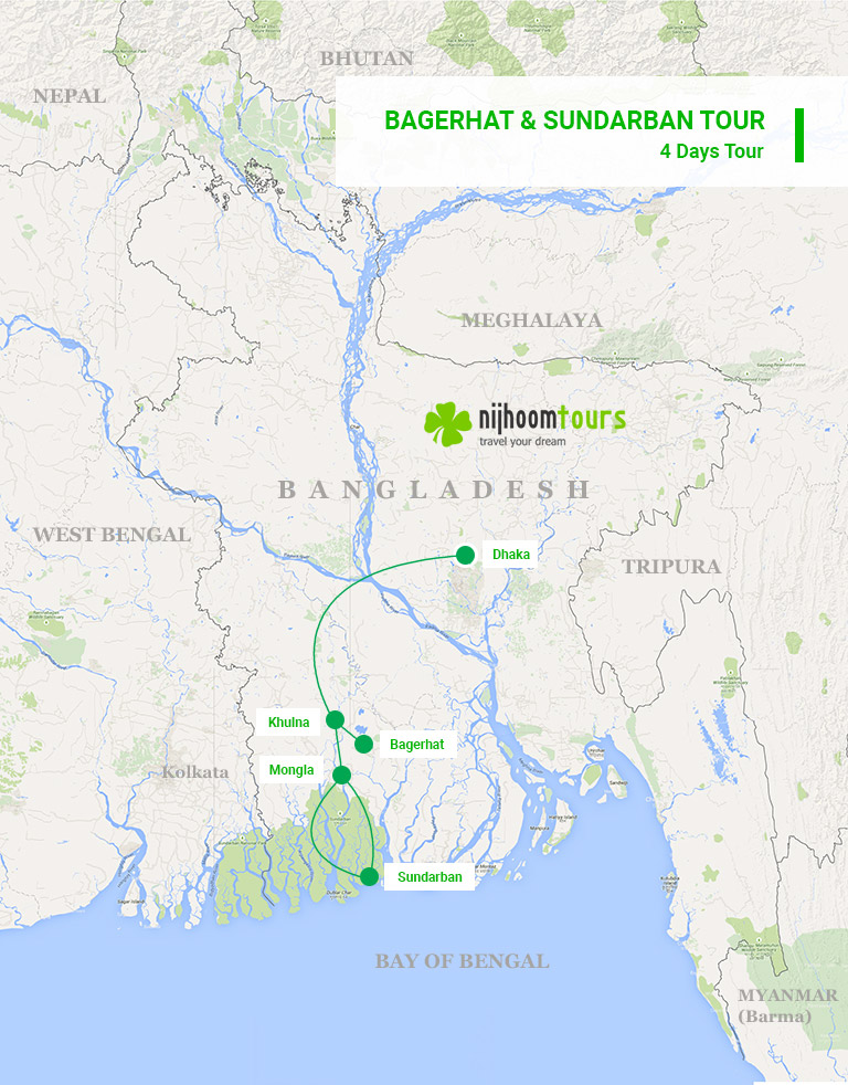 A map of the 4-day Bagerhat & Sundarban Tour with Nijhoom Tours on a small group.