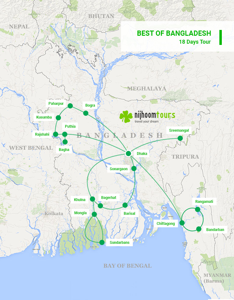 A map of 18-day Best of Bangladesh Tour with Nijhoom Tours