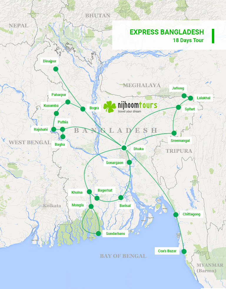 A map of 18-day Express Bangladesh Tour with Nijhoom Tours