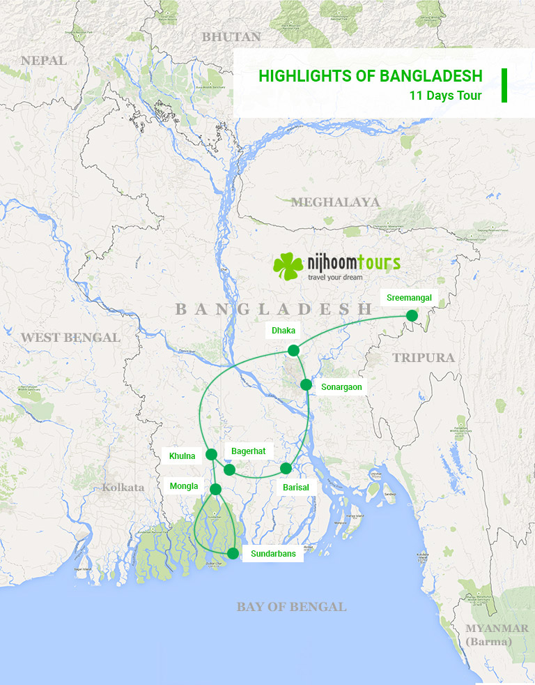 A map of 11-day Highlights of Bangladesh tour with Nijhoom Tours