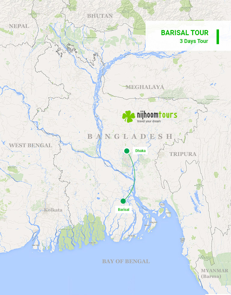 A map of the 3-day Barisal Tour with Nijhoom Tours to experience life in the Ganges Delta in Barisal & Megacity Dhaka