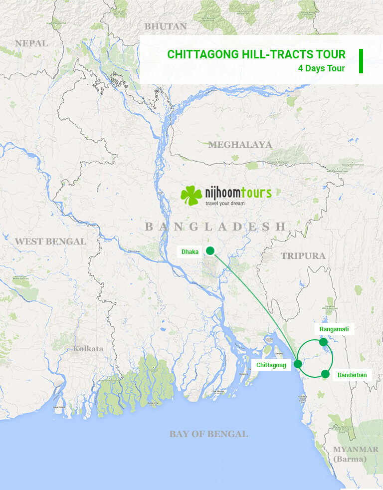 A map of 4-day Chittagong Hill Tracts Tour with Nijhoom Tours