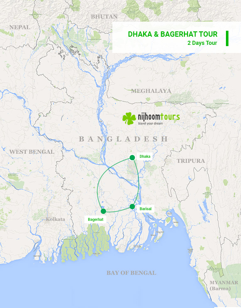 A map of the 2-day Dhaka & Bagerhat Tour of Nijhoom covering the highlights of the megacity Dhaka and historic city Bagerhat