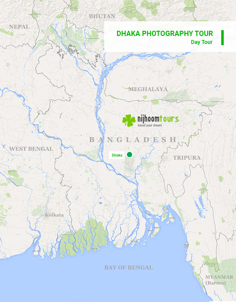 A map of the full-day Dhaka Photography Tour package of Nijhoom Tours to some backstreets, bazaars & shipyards of New & Old Dhaka