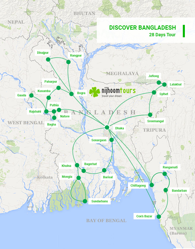 A map of 28-day Discover Bangladesh Tour with Nijhoom Tours