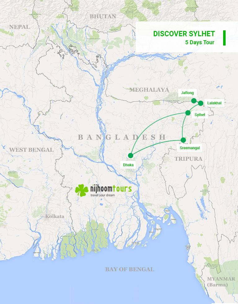 A map of the 5-day Discover Sylhet tour with Nijhoom Tours to visit the highlights of Sreemangal & Sylhet