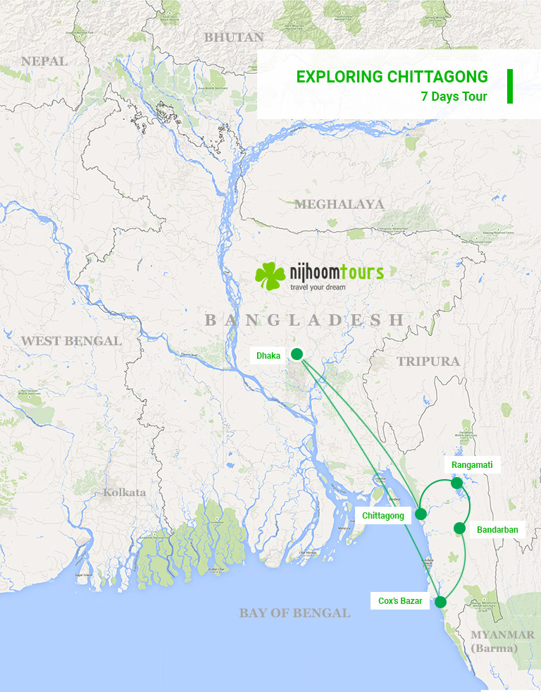 A map of the 7-day Exploring Chittagong Tour in Bangladesh with Nijhoom Tours to enjoy the unique lifestyle of the Chittagong and Cox's Bazar regions