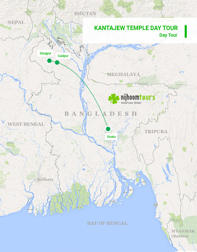 A map of the Kantajew Temple Day Tour of Nijhoom Tours covering some gems in remote Bangladesh