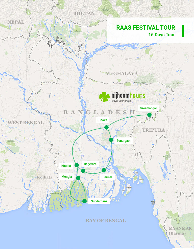 A map of 16-day Raas Festival Tour in Bangladesh with Nijhoom Tours