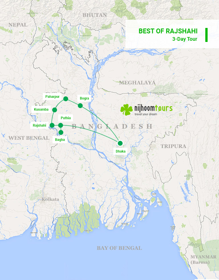 A map of the 3-day Best of Rajshahi Tour with Nijhoom Tours to experience the very best of northwestern Bangladesh