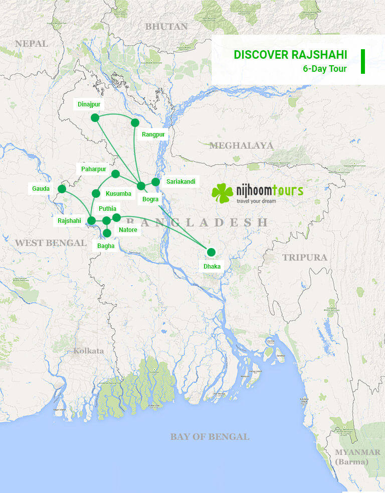 A map of the 6-day Discover Rajshahi Tour with Nijhoom Tours to experience northwestern Bangladesh