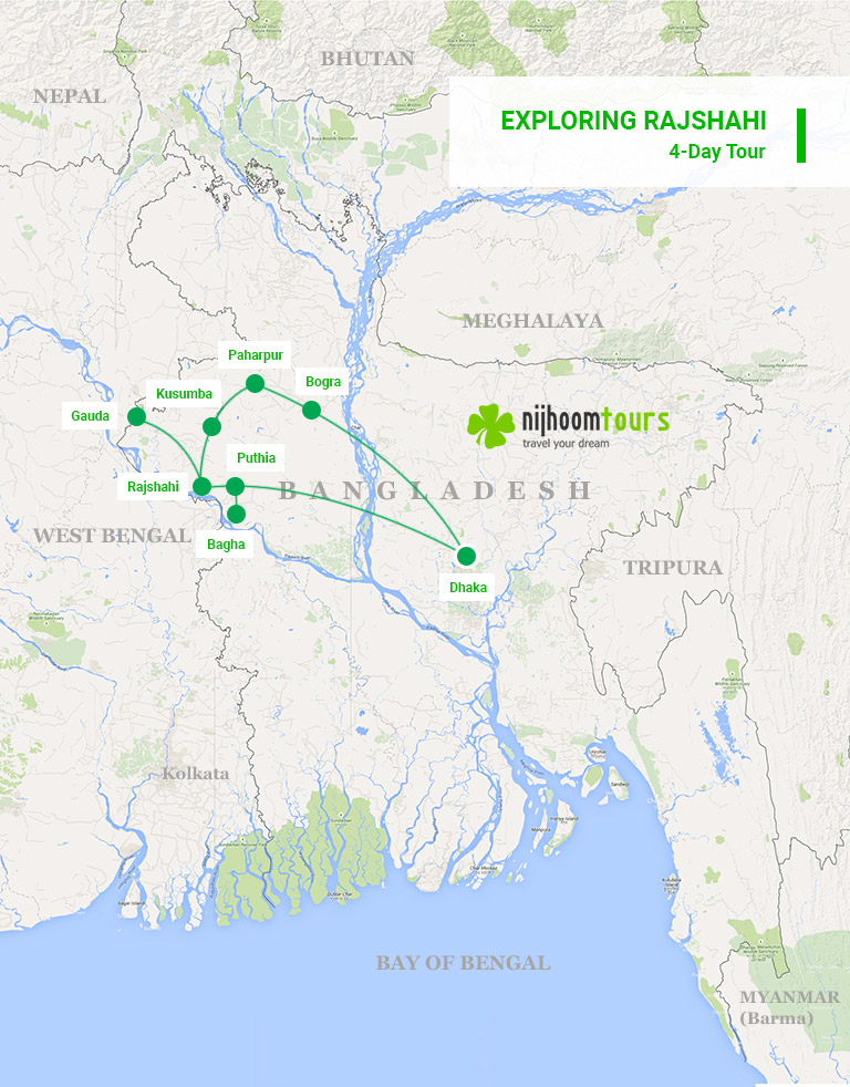 A map of the 4-day Exploring Rajshahi Tour with Nijhoom Tours to experience the very best of northwestern Bangladesh