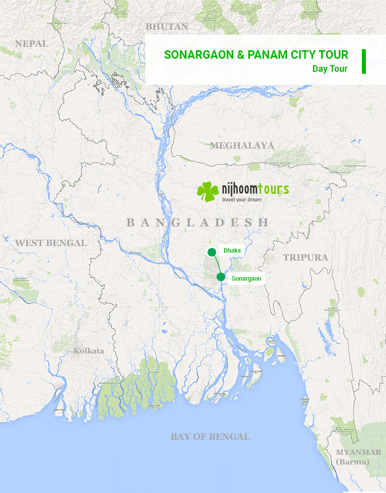 A map of Sonargaon day tour from Dhaka with Nijhoom Tours