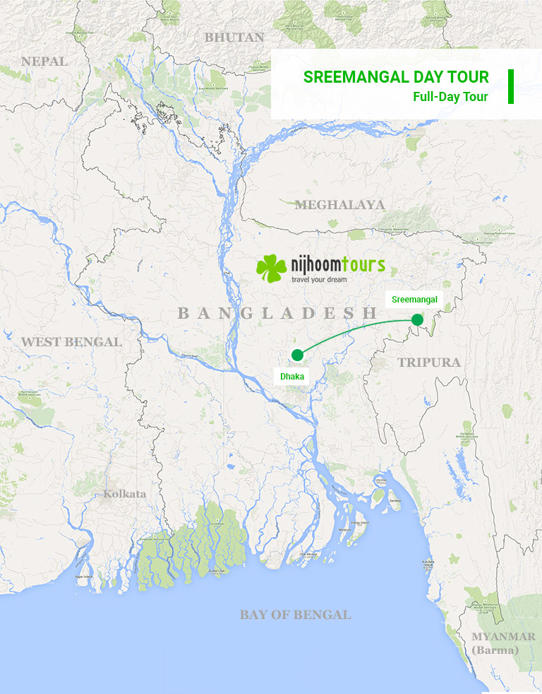 A map of the day tour with Nijhoom Tours, starting and ending at Dhaka, covering the highlights of the tea capital Sreemangal