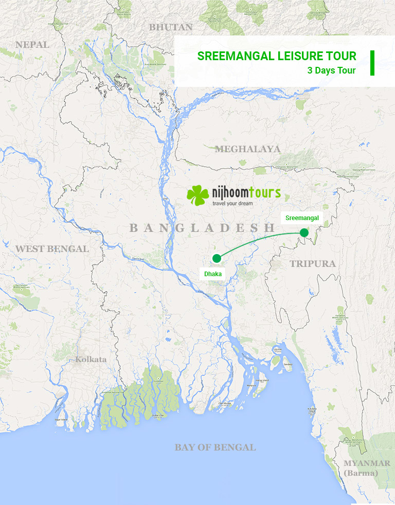 A map of 3 days Sreemangal Tour in Bangladesh with Nijhoom Tours to enjoy the beauty of the tea plantations, Lawachara National Park, remote tribal villages, and much more