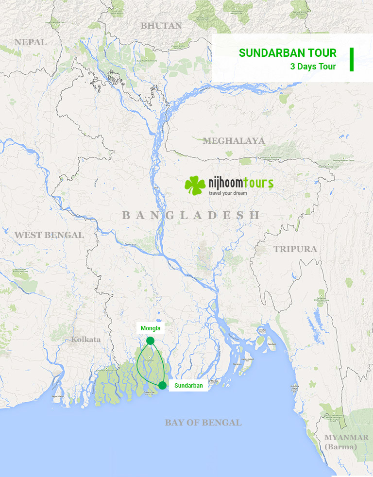 A map of 3-day Sundarban Tour in Bangladesh with Nijhoom Tours