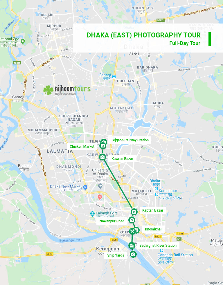 Map of full-day Dhaka (East) Photography Tour with Nijhoom Tours