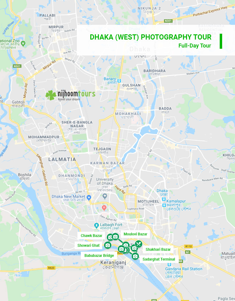 Map of full-day Dhaka (West) Photography Tour with Nijhoom Tours