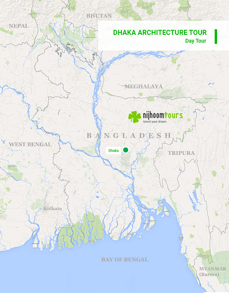 A map of the full-day Dhaka Architecture Tour package of Nijhoom Tours covering Louis Kahn and Maria Tabassum buildings