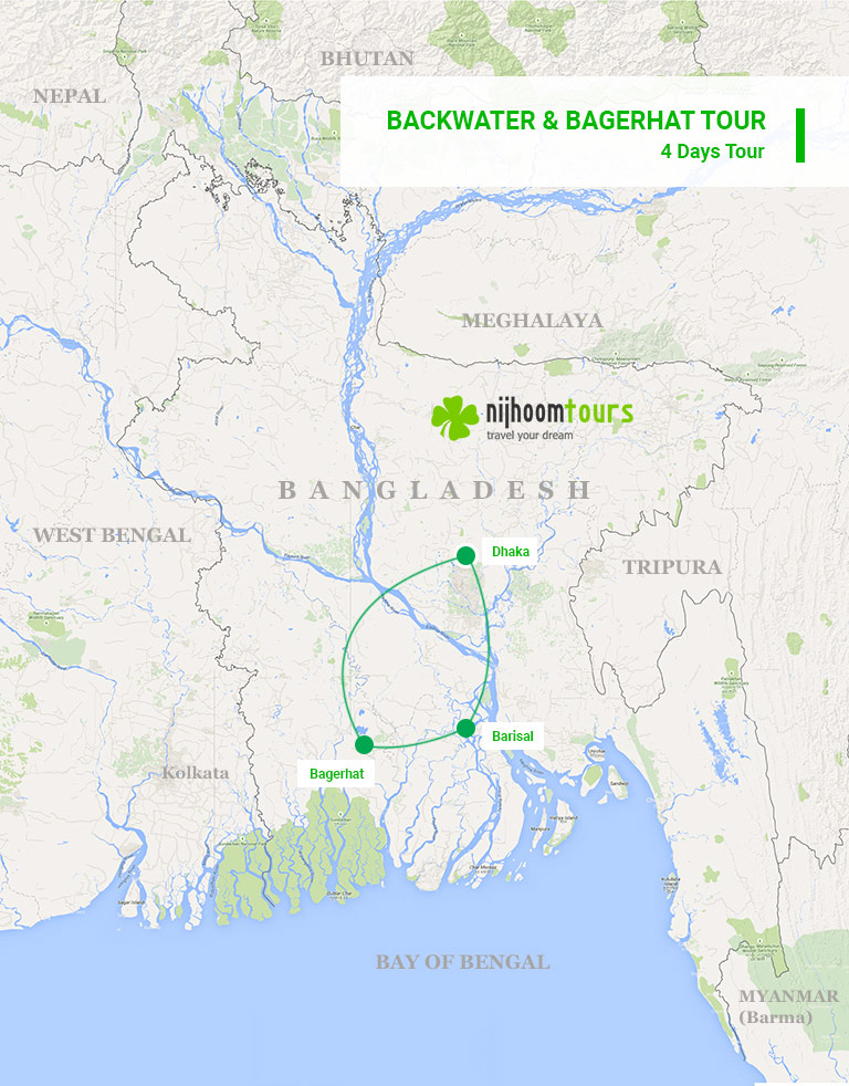 A map of the 4-day Backwater & Bagerhat Tour with Nijhoom Tours covering the life in the Ganges Delta and historic city Bagerhat